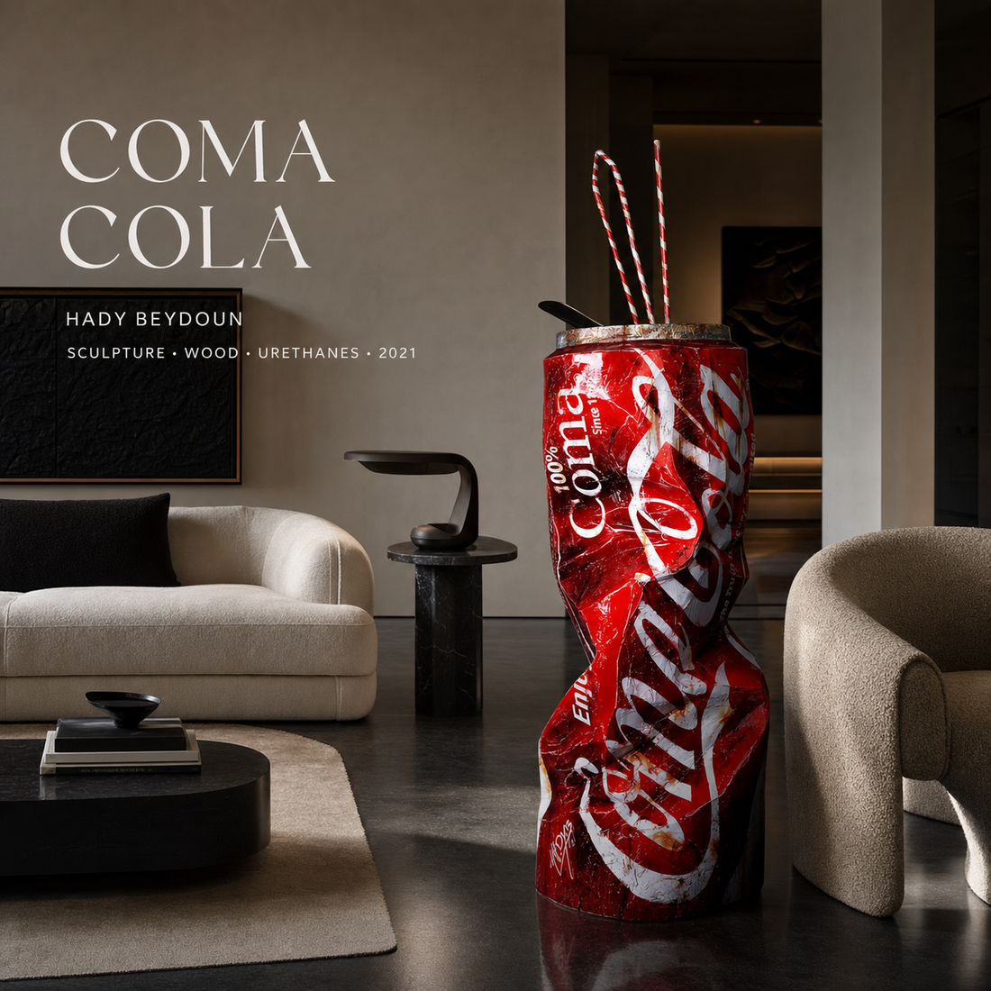 COMA COLA wood sculpture styled in a living room